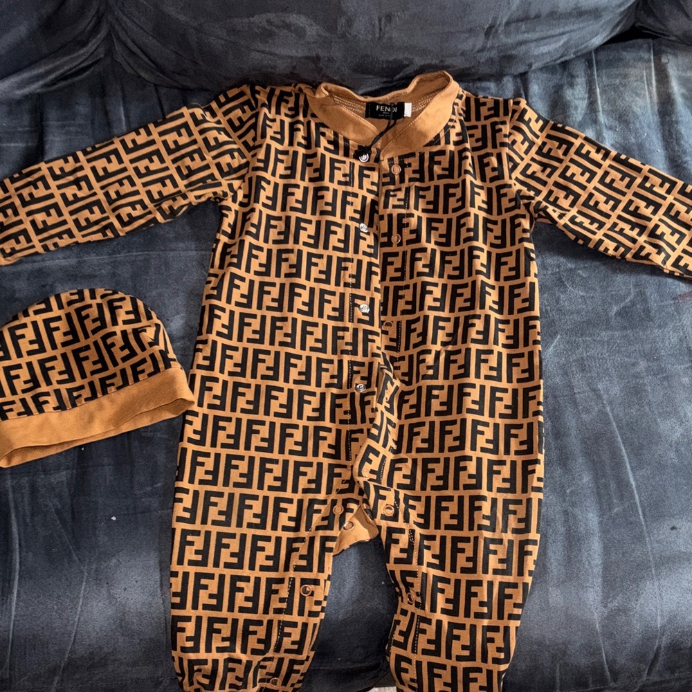 Fendi Tan and Black Kids Footie with Hat